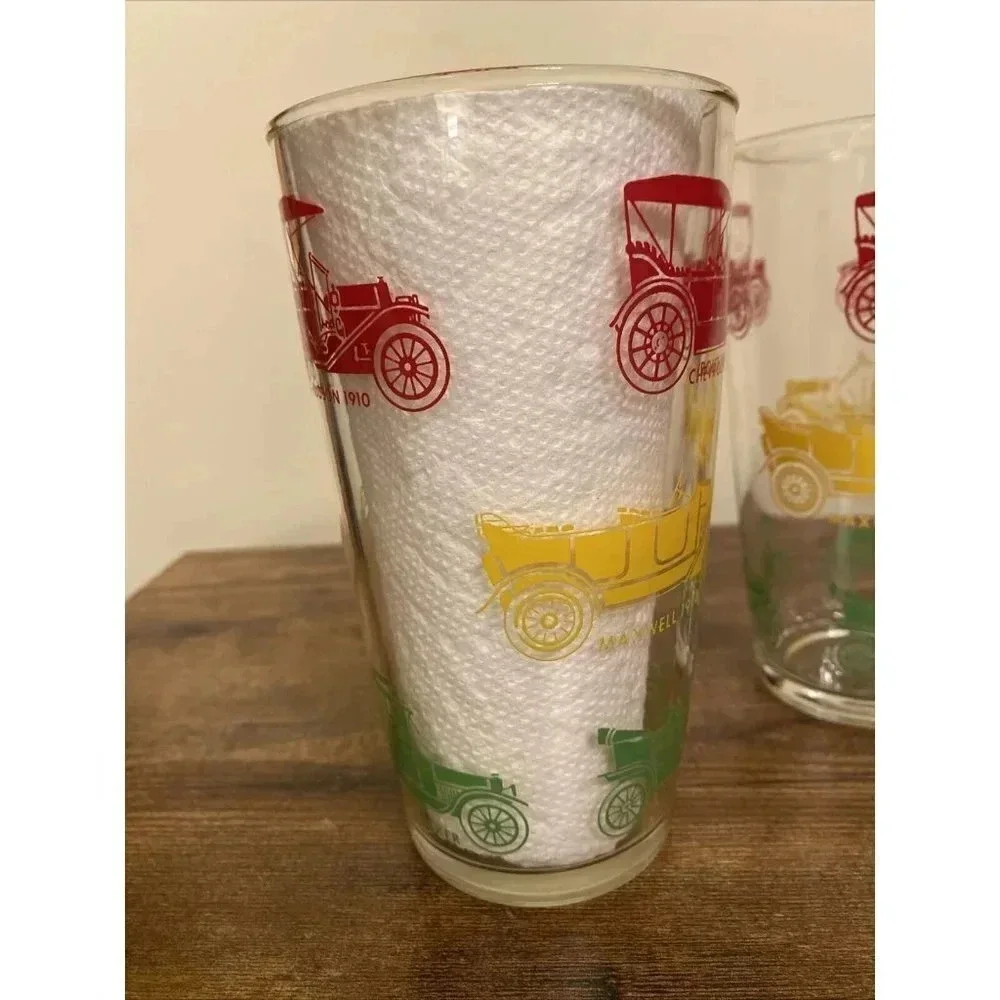 Vintage Red Green Yellow Antique Cars Automobiles Drinking Glass Mid Century Mod